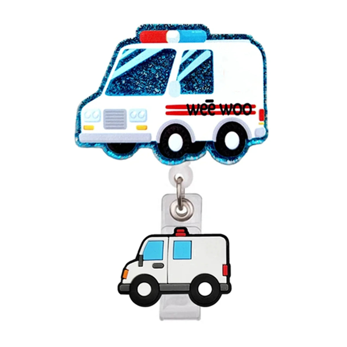 حامل بطاقة تعريف سيارة لعبة أبيض وأزرق لامع مع مشبك تمساح