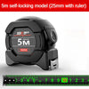 A black self-locking fluorescent steel tape measure with a ruler, showing the 5M length.