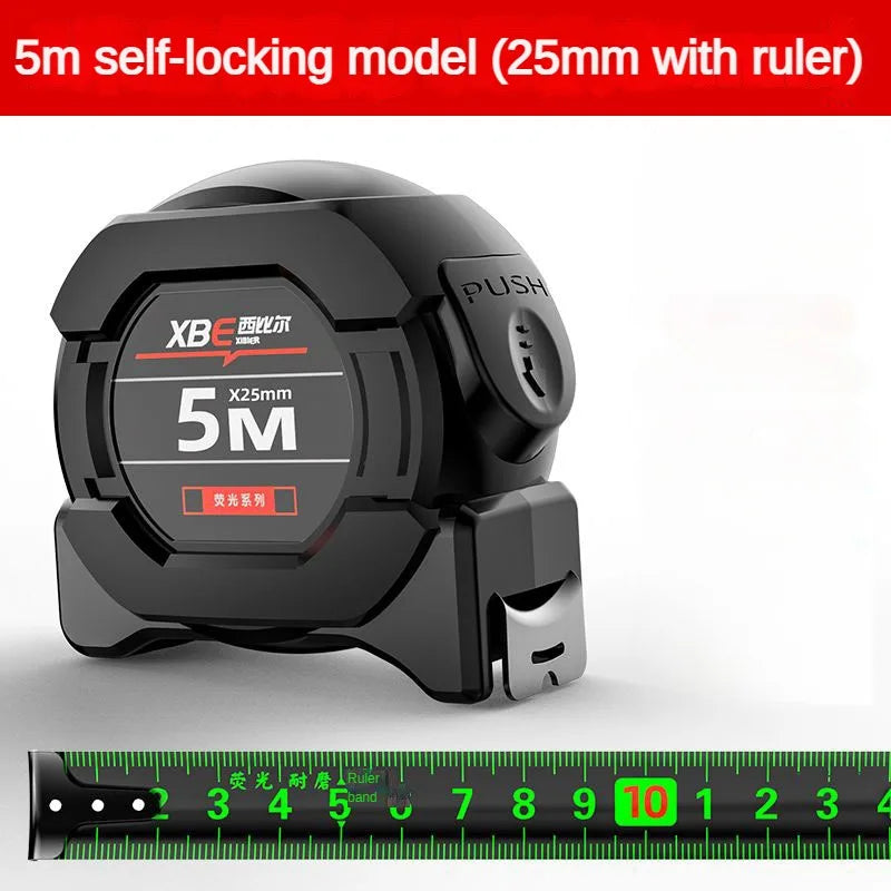 A black self-locking fluorescent steel tape measure with a ruler, showing the 5M length.