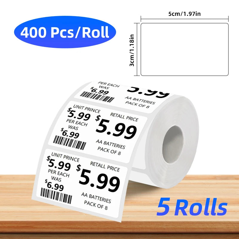 Rolle thermische Etikettierpapier mit 400 Stück pro Rolle und eine Box mit 5 Rollen.