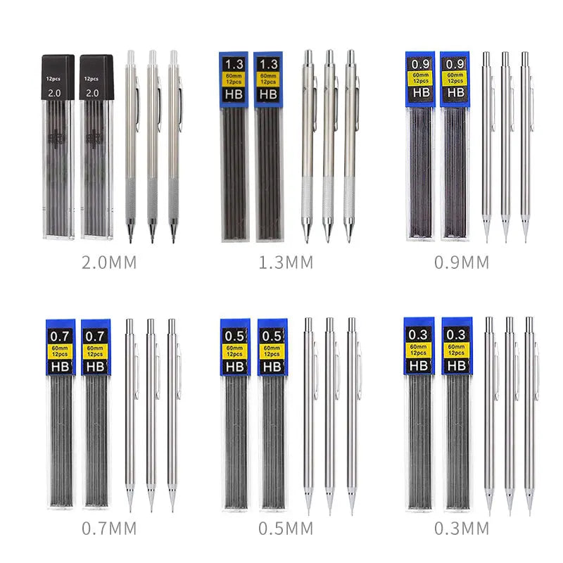 A collection of precision mechanical pencils shown in various diameters from 2.0MM down to 0.3MM.