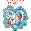 A heart-shaped acrylic hair bow set featuring a Jesus fills my cup design with pink and blue colors.