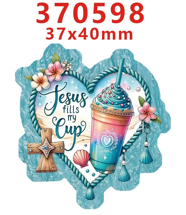 A heart-shaped acrylic hair bow set featuring a Jesus fills my cup design with pink and blue colors.