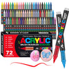 A set of 72 multi-color acrylic brush markers in various colors and tips packaged for art and crafting.
