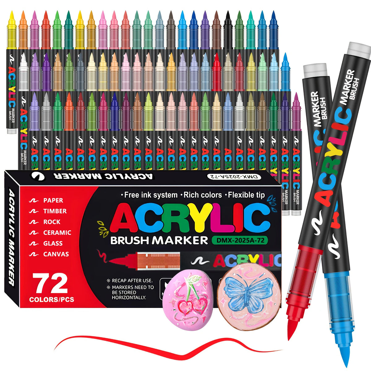A set of 72 multi-color acrylic brush markers in various colors and tips packaged for art and crafting.