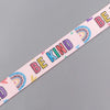 Pink lanyard with rainbow text spelling out BE KIND