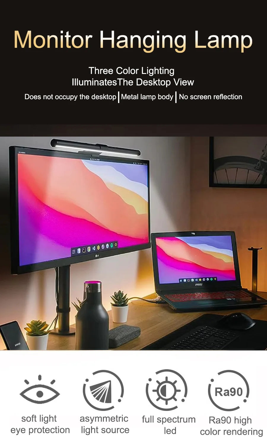 Monitor hanging lamp illuminating a desktop view with soft light for eye protection