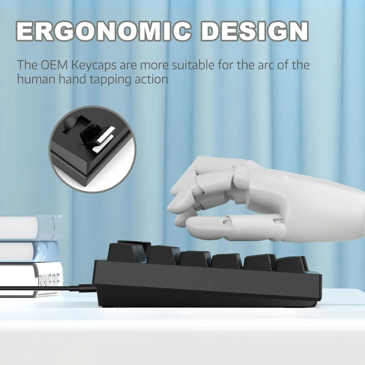 A close-up view of black mechanical keyboard keycaps and a white hand demonstrating the ergonomic design for tapping action.