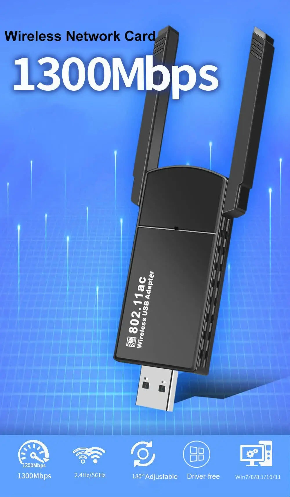 محول بطاقة شبكة لاسلكية سوداء مع موصل USB على خلفية زرقاء