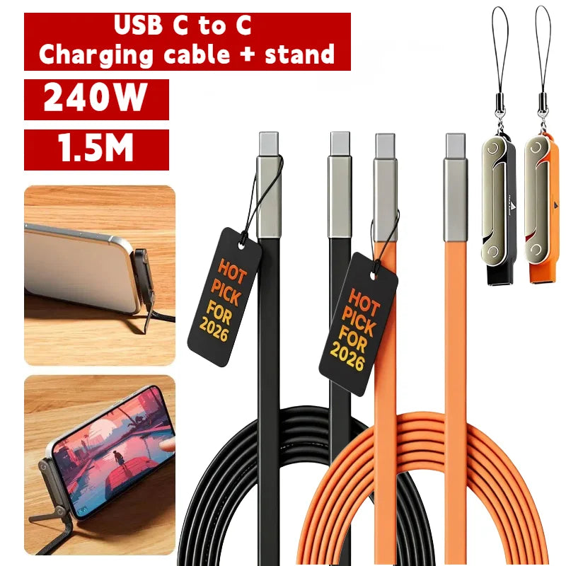 USB C to C charging cable and stand in black and orange for fast charging devices