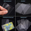 A set of clear protective sleeves for trading cards shown demonstrating HD transparency, durability, perfect fit, and waterpr
