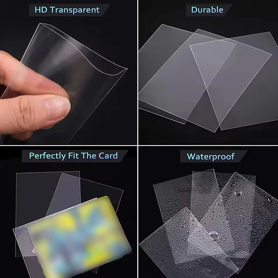A set of clear protective sleeves for trading cards shown demonstrating HD transparency, durability, perfect fit, and waterpr