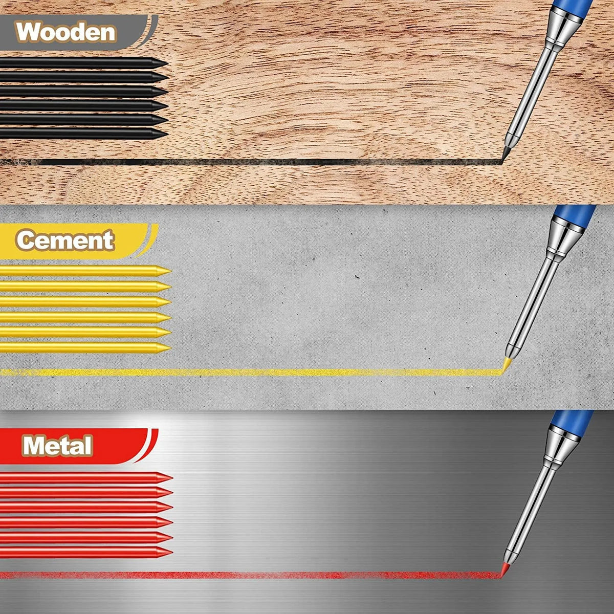 Three panels showing a mechanical pencil marking wood, cement, and metal surfaces with lead lines.