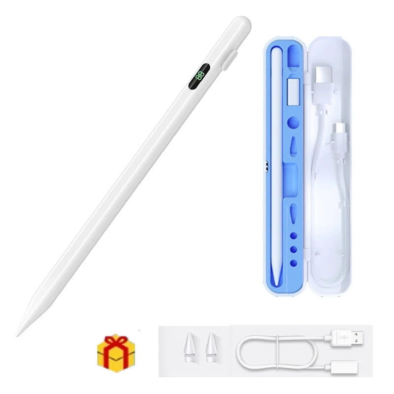 A white universal stylus pen shown alongside its packaging and accessories for tablet and smartphone use.