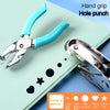 A pair of light blue hand grip hole punchers and a silver metal puncher are shown on a mint green surface.