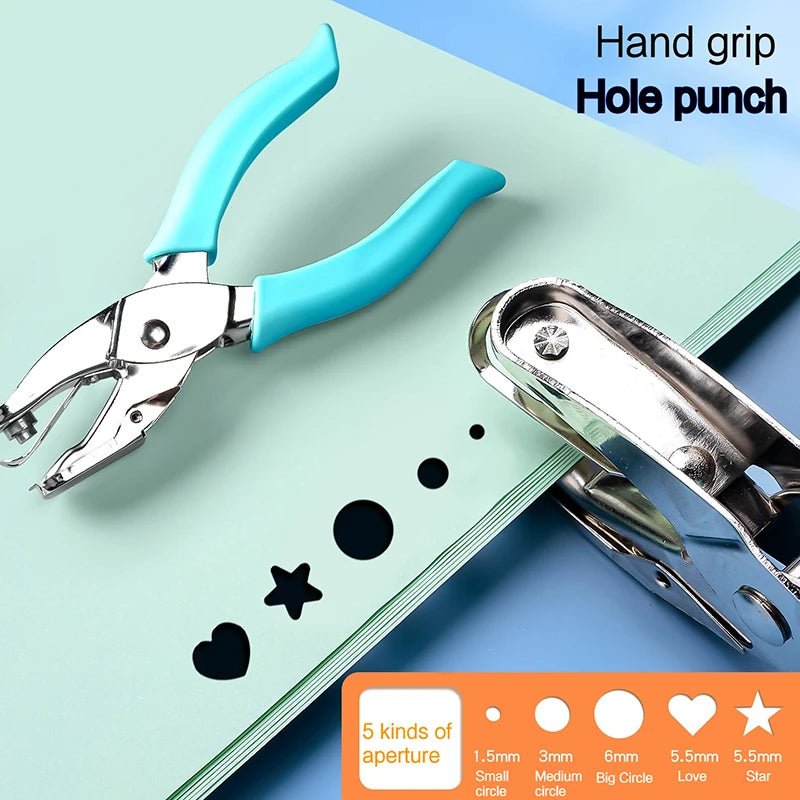 A pair of light blue hand grip hole punchers and a silver metal puncher are shown on a mint green surface.