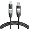 A black 4-in-1 fast charging data cable with multiple connectors shown against a dark background.