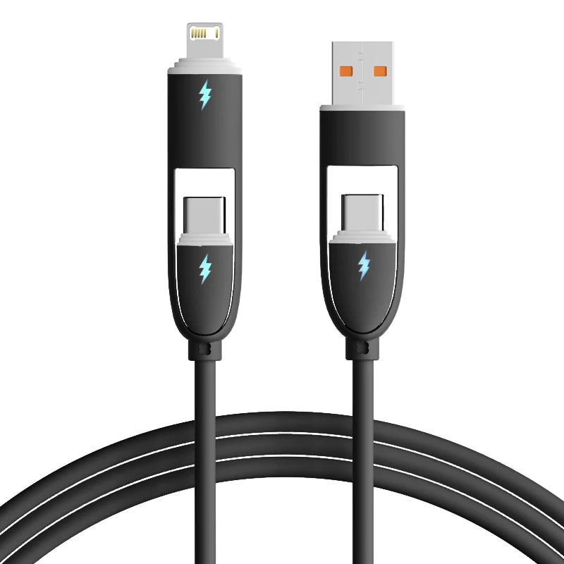A black 4-in-1 fast charging data cable with multiple connectors shown against a dark background.