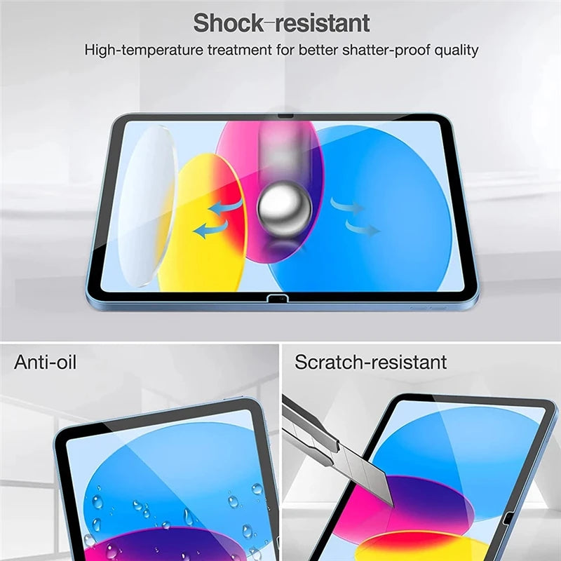 Close-up view of dual glass screen protectors for an iPad, showing anti-oil and scratch-resistant features.