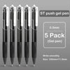 A pack of five black ST push gel pens with 0.5mm tips and a white body, shown vertically.