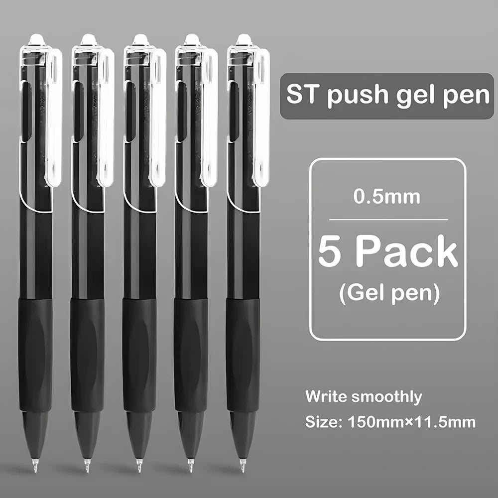 A pack of five black ST push gel pens with 0.5mm tips and a white body, shown vertically.