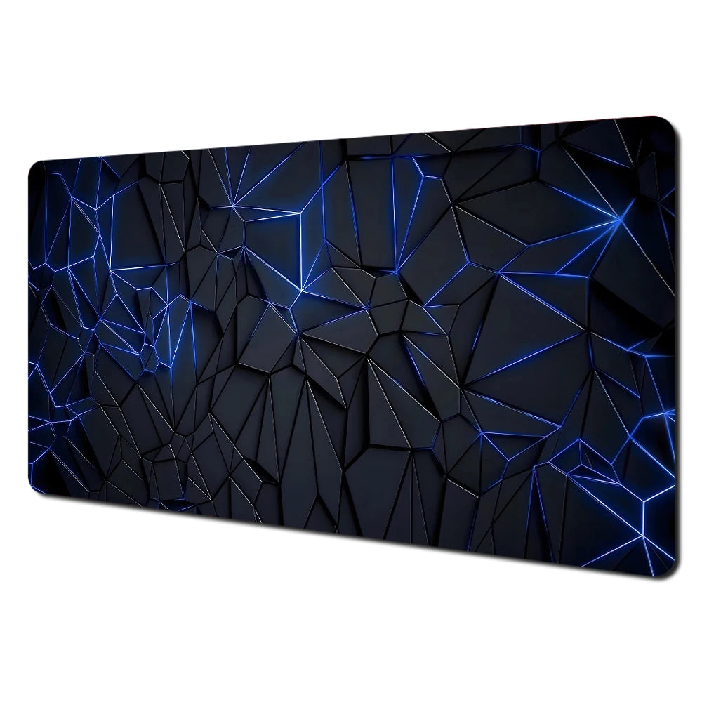 Abstract art desk mat featuring a dark surface with glowing blue geometric lines.