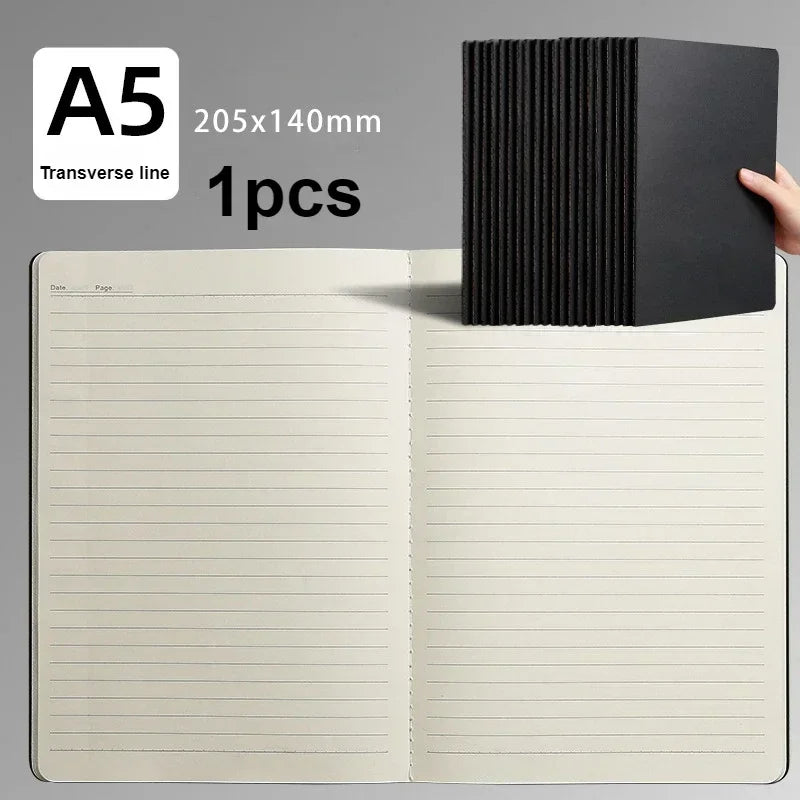 A5 kraft cover notebook with a black transverse line visible next to an open page.