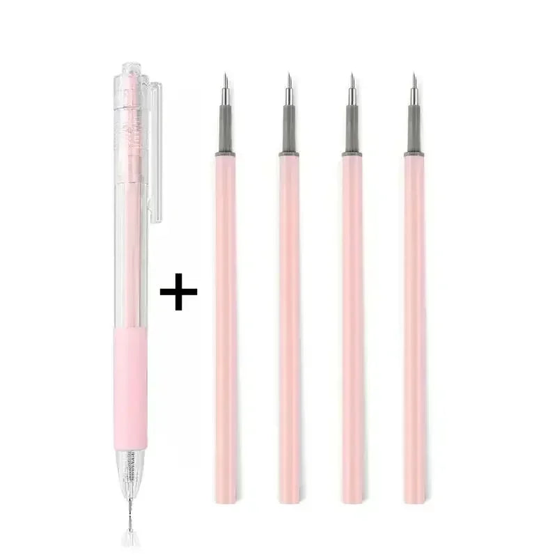 A set of precision craft knives with pink handles and silver blades arranged vertically.
