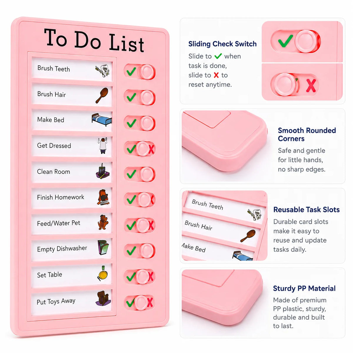 A pink reusable sliding chore chart board with various tasks like brush teeth and make bed, featuring removable slots.