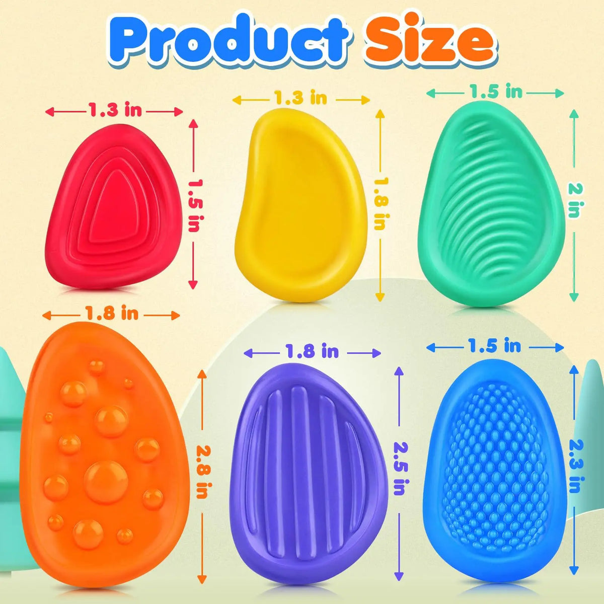 A collection of colorful sensory stones and fidget toys shown with their respective sizes.