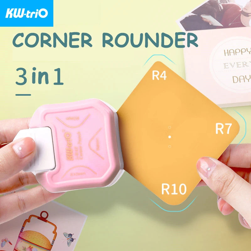 A hand holds a pink corner rounder tool with various colored corners, demonstrating its 3-in-1 functionality.
