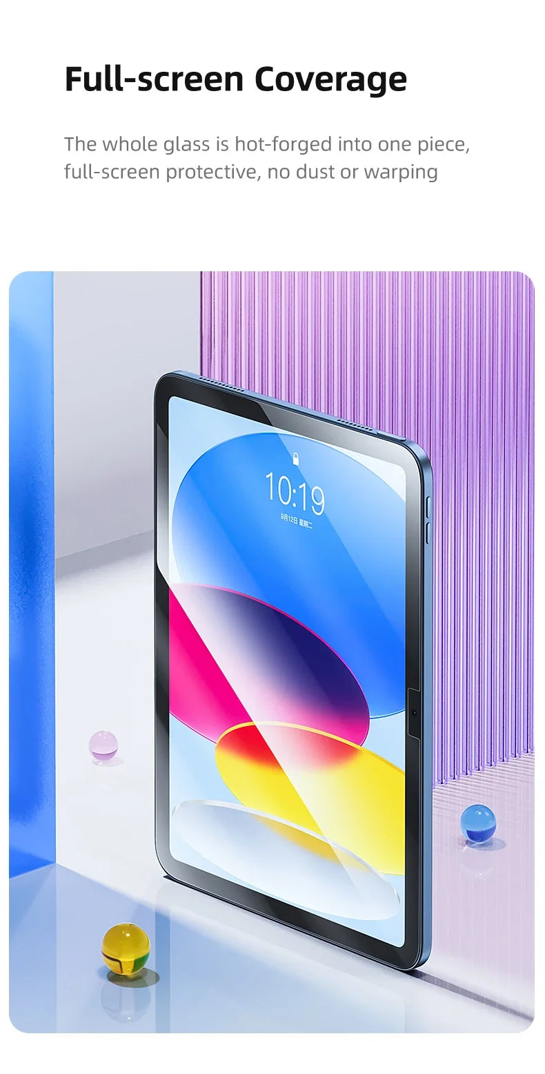 A close-up of a tablet displaying a screen protector, showing full-screen coverage and vibrant colors.