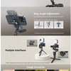A metal phone support mount is shown with various adjustment angles and multiple interfaces for mounting phones and cameras.