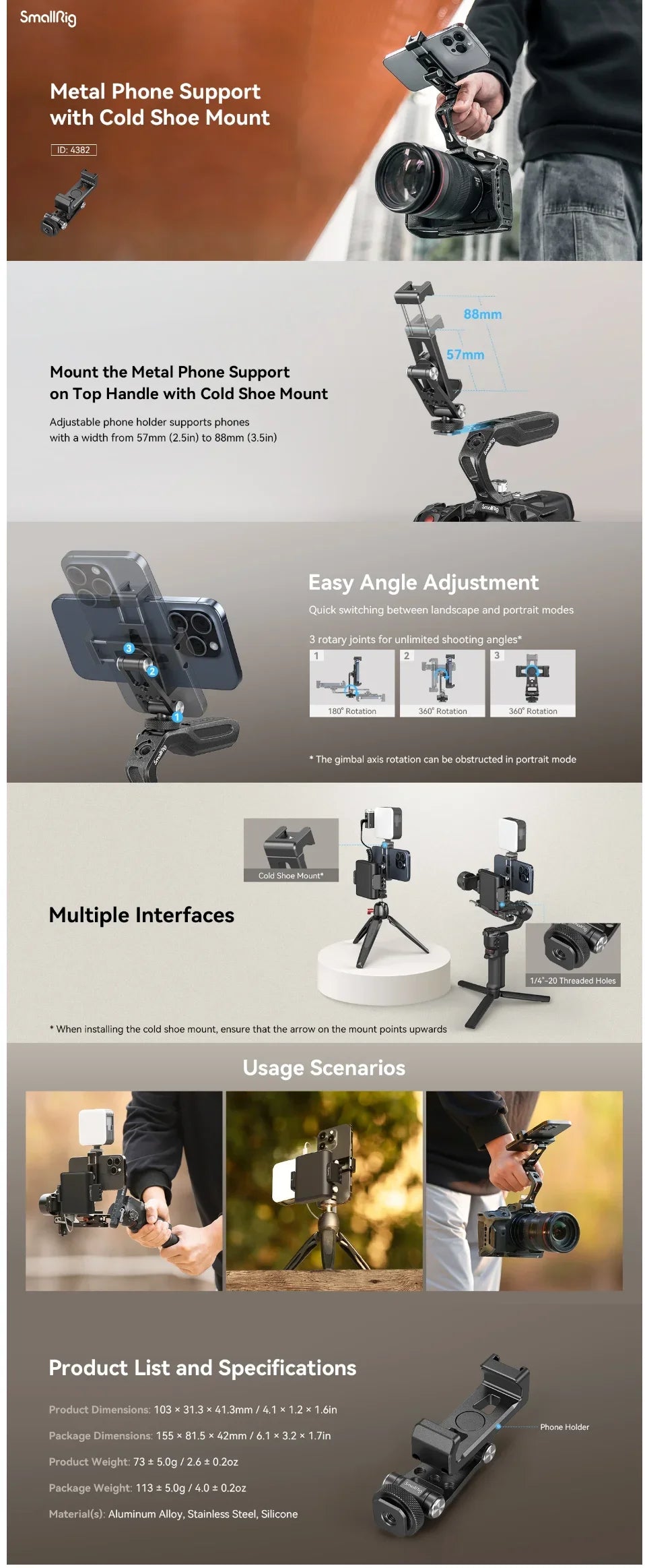 A metal phone support mount is shown with various adjustment angles and multiple interfaces for mounting phones and cameras.