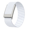 A white nylon braided strap for a fitness watch, featuring a silver buckle.