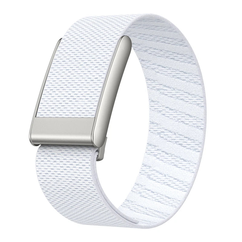 A white nylon braided strap for a fitness watch, featuring a silver buckle.