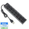 A black 7-port USB 2.0 hub splitter with a cable shown on a white background.