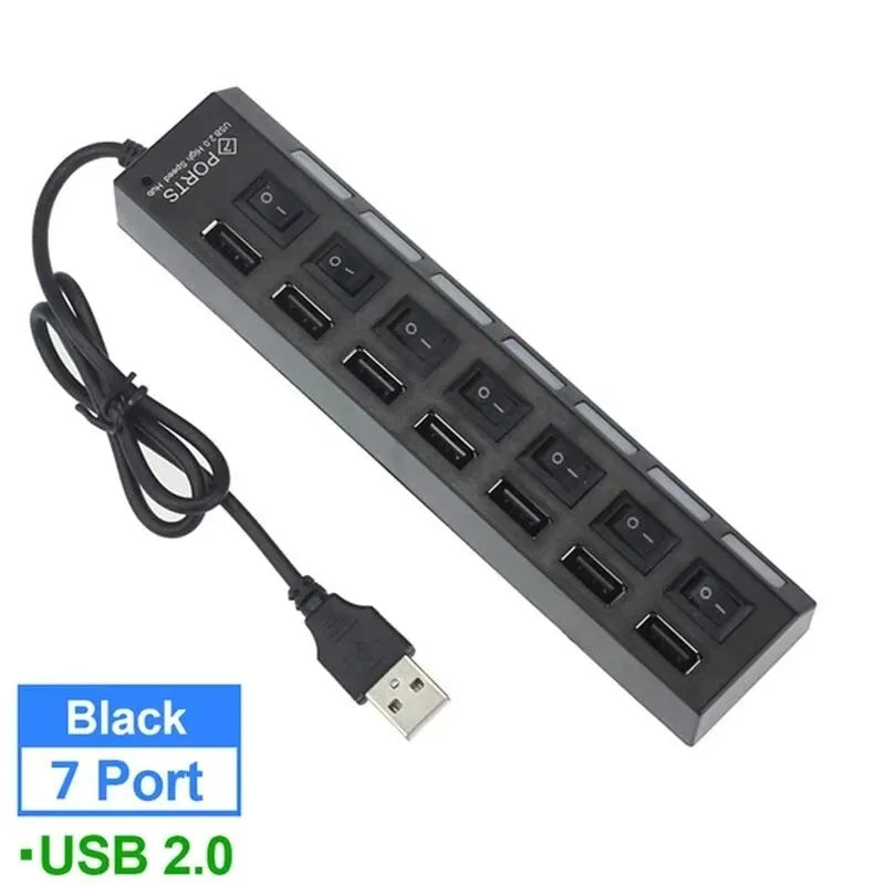 A black 7-port USB 2.0 hub splitter with a cable shown on a white background.