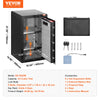 A black steel security safe box with glass viewing panels and various accessories shown in a product image.