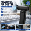 A black cordless air duster is shown cleaning a laptop keyboard, a camera lens, and a car interior.