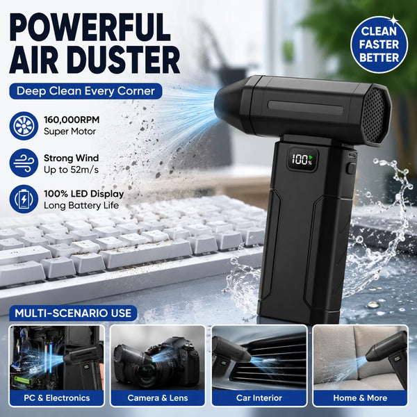 A black cordless air duster is shown cleaning a laptop keyboard, a camera lens, and a car interior.