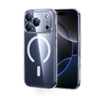 A clear magnetic case for an iPhone showing the back design and camera module.