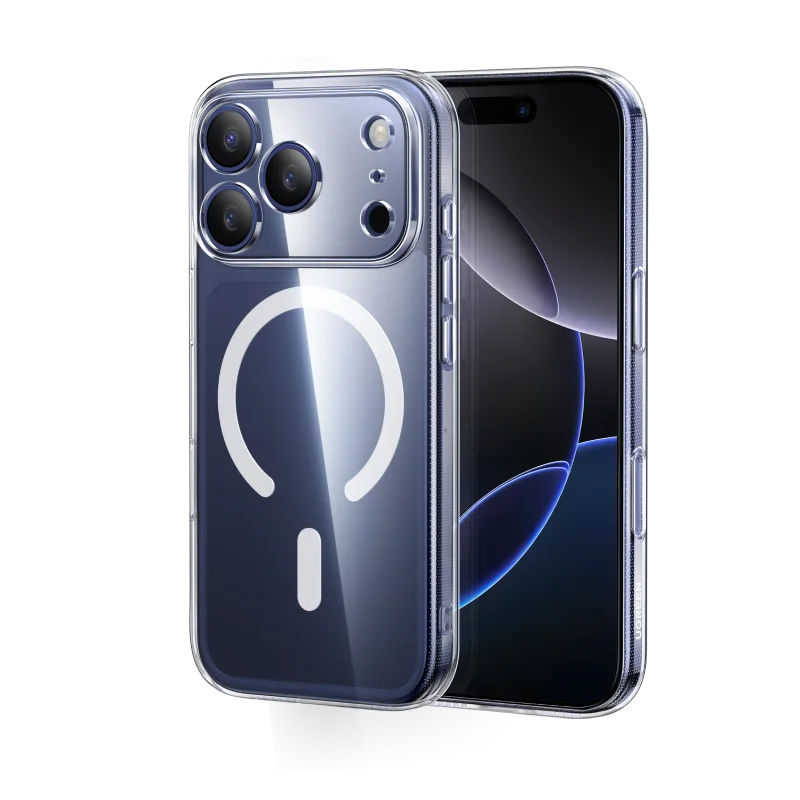 A clear magnetic case for an iPhone showing the back design and camera module.