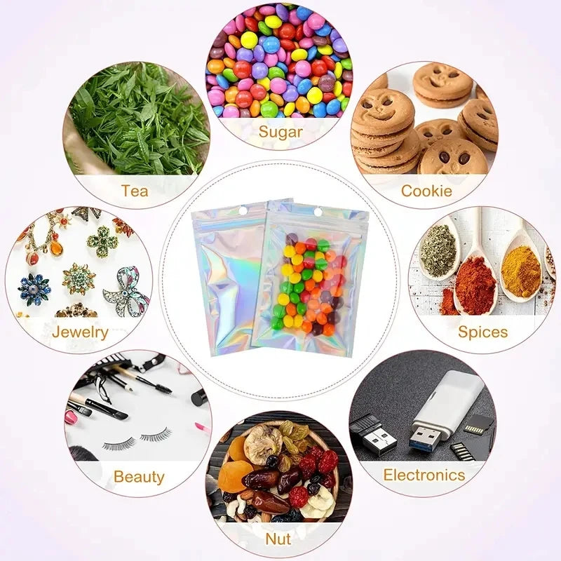 A collection of various dry goods like tea, sugar, cookies, jewelry, spices, nuts, and electronics packaged in holographic re