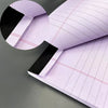 A close-up of a tearable lined writing pad in light purple with black accents, shown at an angle.
