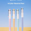 A set of four 4-color neutral pens in pink, beige, mint green, and lavender are displayed vertically against a light blue bac