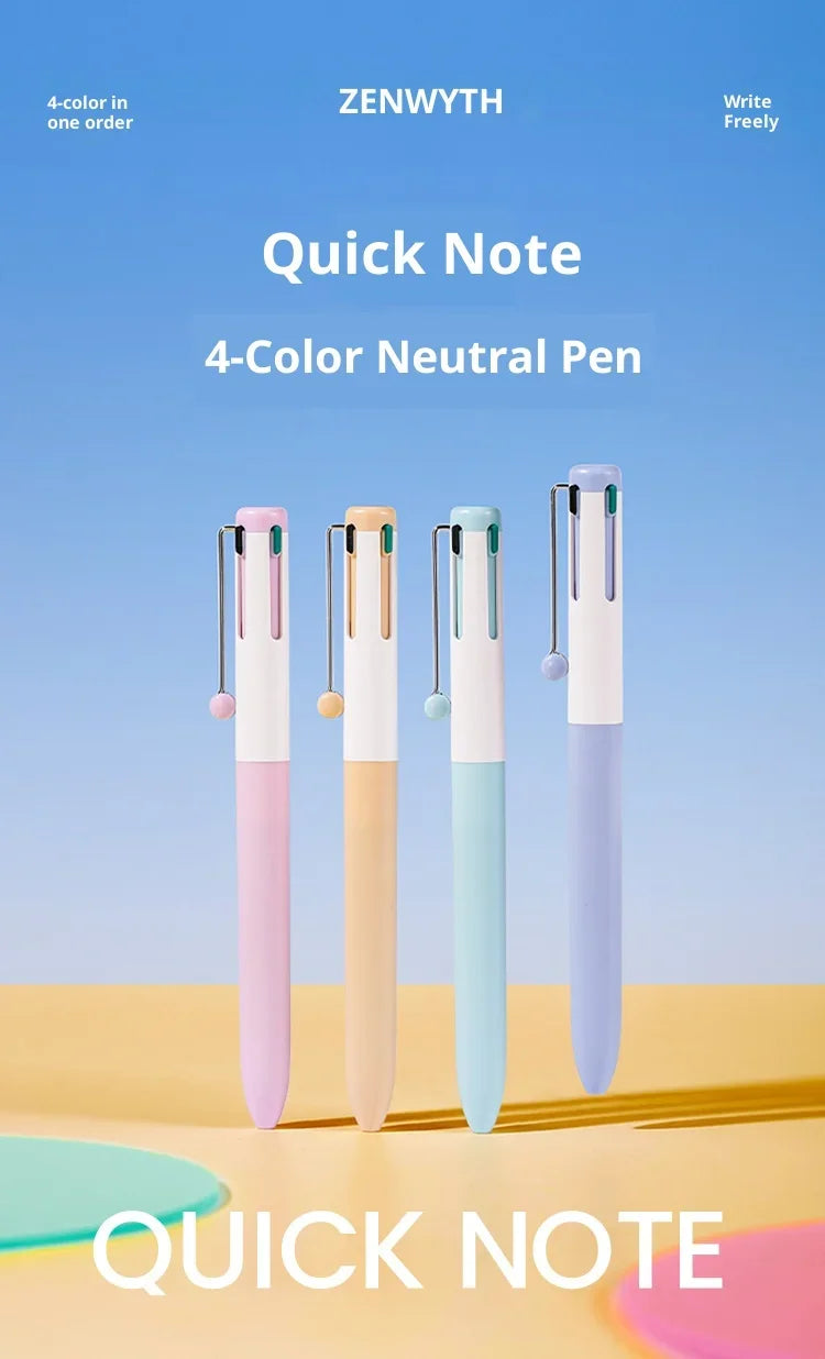 A set of four 4-color neutral pens in pink, beige, mint green, and lavender are displayed vertically against a light blue bac