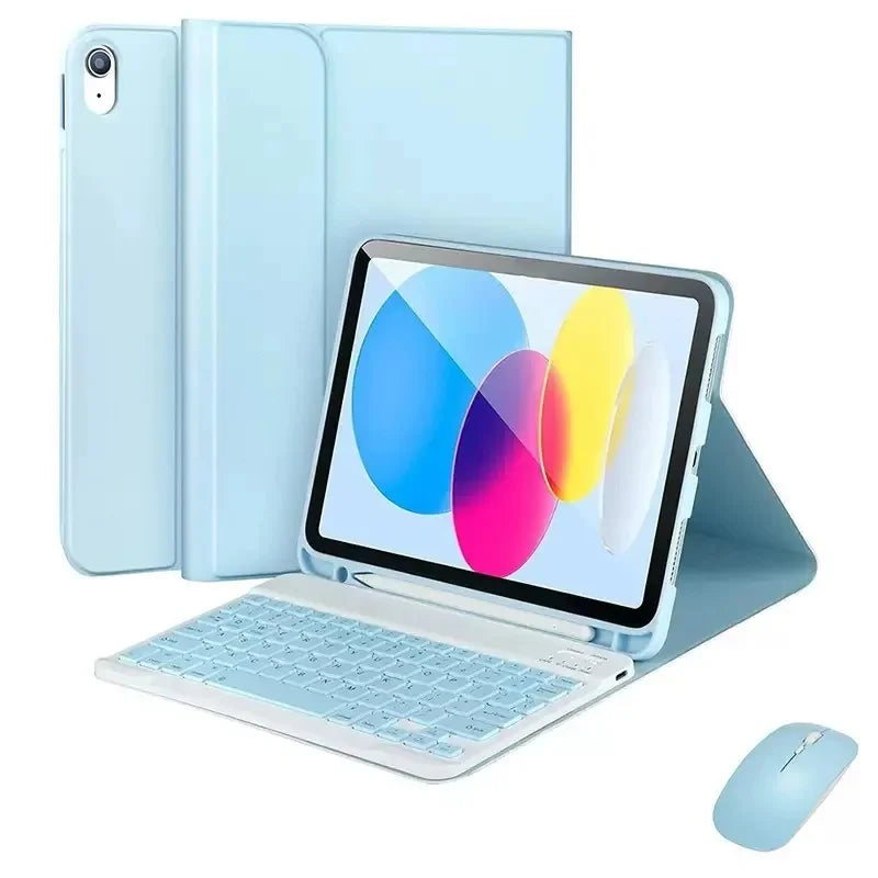 حافظة جلدية فاخرة باللون الأزرق الفاتح لجهاز iPad الجيل الحادي عشر مع لوحة مفاتيح وفأرة بلوتوث.