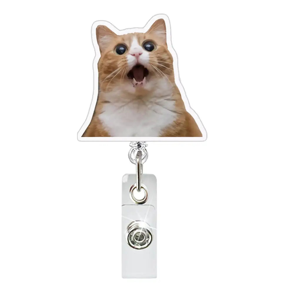 A cat with light brown and white fur is pictured on a clear badge holder with a crocodile clip.