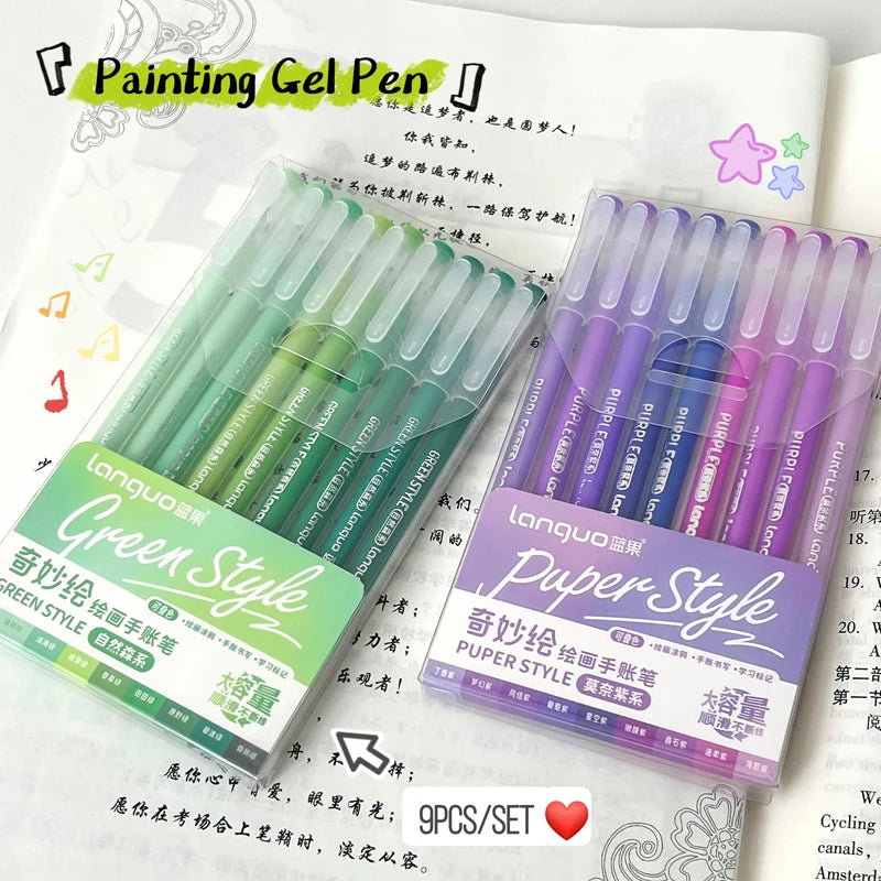 A set of nine Languo Green Style and Paper Style gel pens in various shades displayed on a white background.